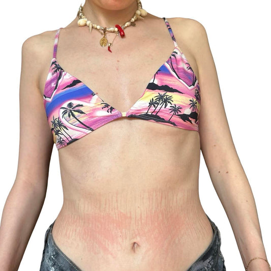 Frankies Bikinis Pink Y2K Hawaiian Sunset Bikini Top - front 