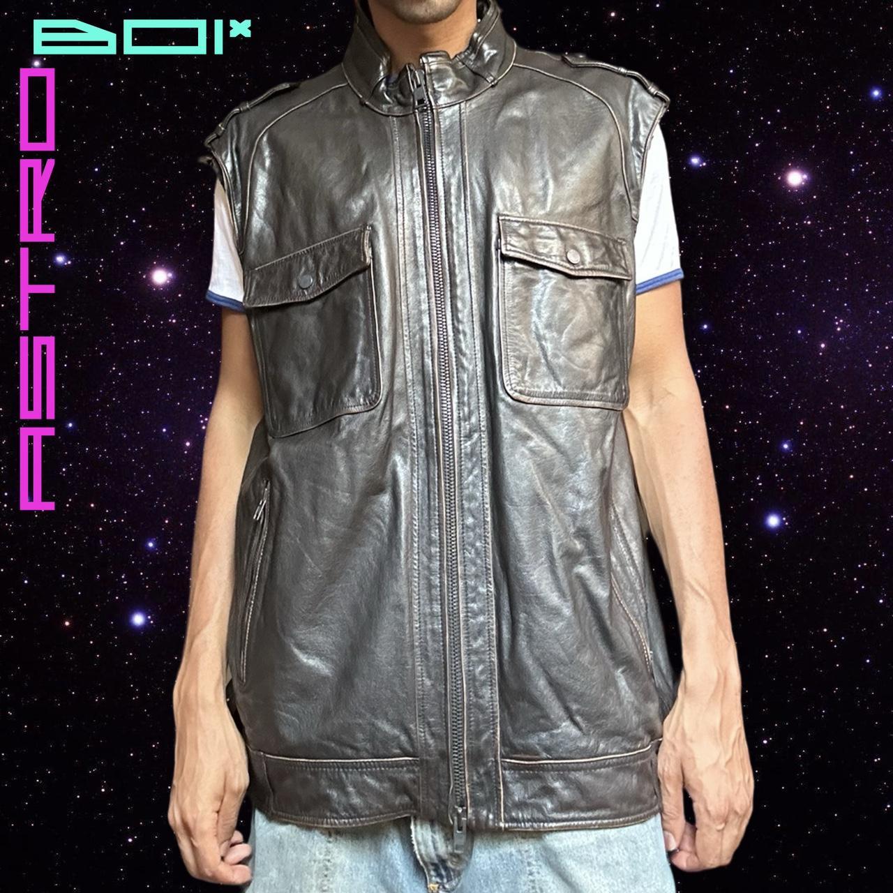 ASTROBOI* BROWN LEATHER SLEEVELESS BIKER JACKET_ 3XL