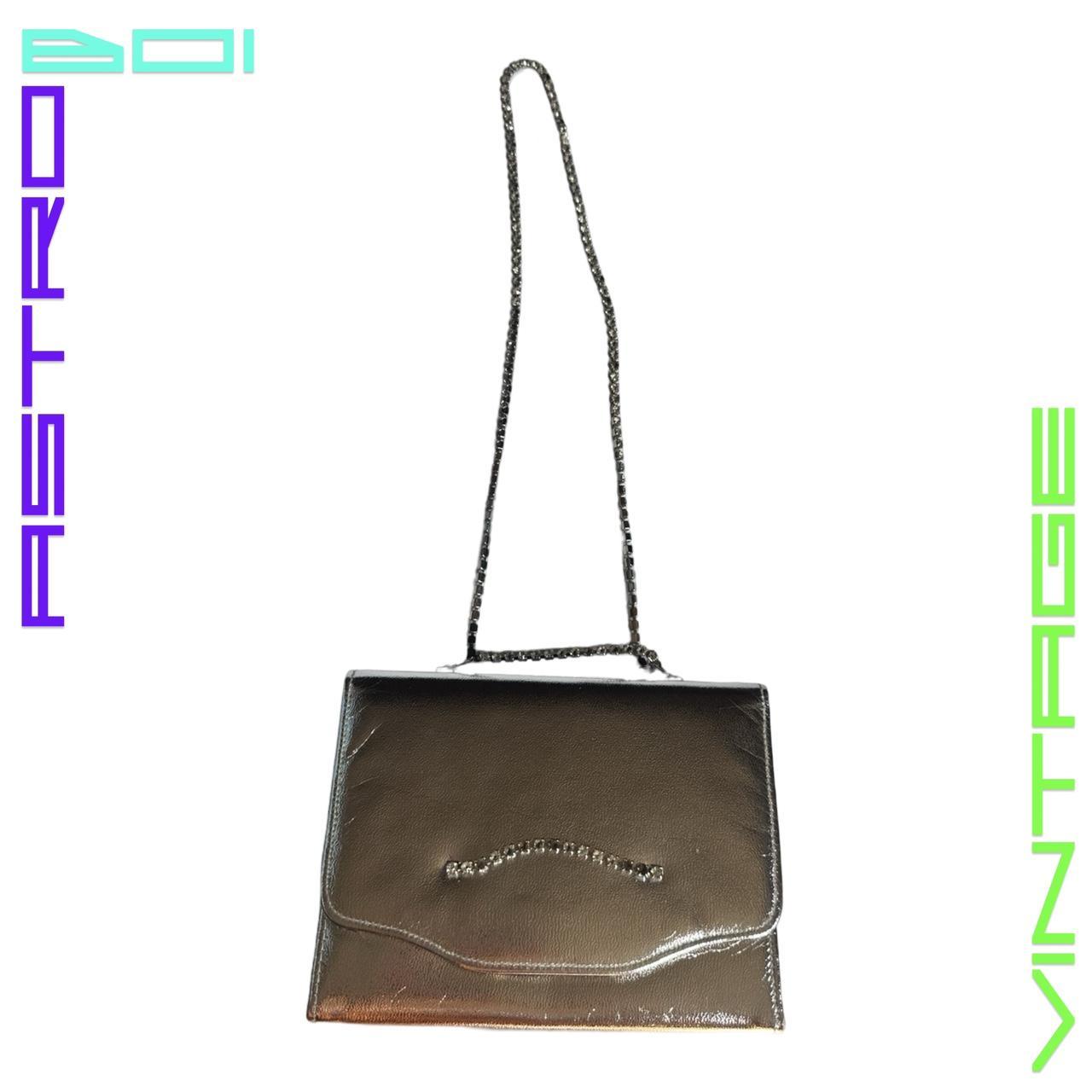 VINTAGE SILVER LEATHER HAND BAG WITH DIAMANTE CHAIN