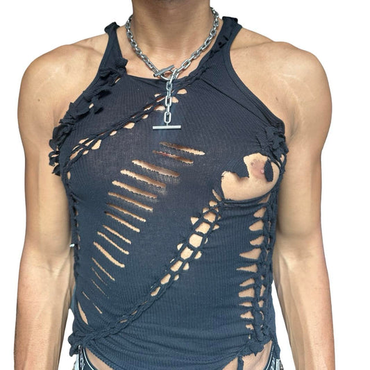 ASTROBOI* x Gildan 'Obsidionyx' Black Braided Twist Tank Top - front 
