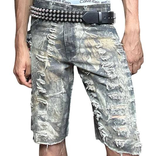 ASTROBOI*  Brown RealTree Camo Grunge Ripped Shorts - front 