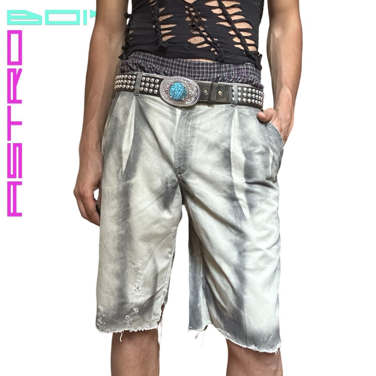 ASTROBOI* GRUNGE TAN KHAKI PLEATED SHORTS WITH BLACK PAINT DETAILS _ 32"