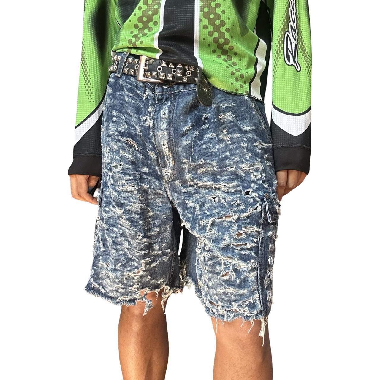 ASTROBOI* Blue Ripped Denim Baggy Cargo Shorts - front 