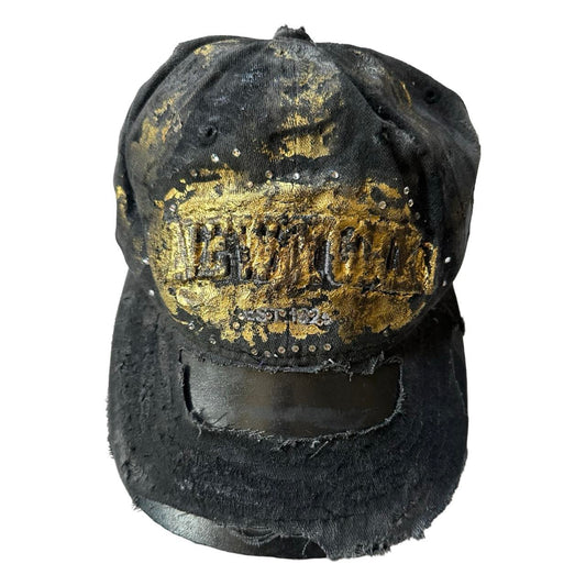 ASTROBOI* Brooklyn 'Gold Brick' Rhinestone Distressed Black Hat - flat front 
