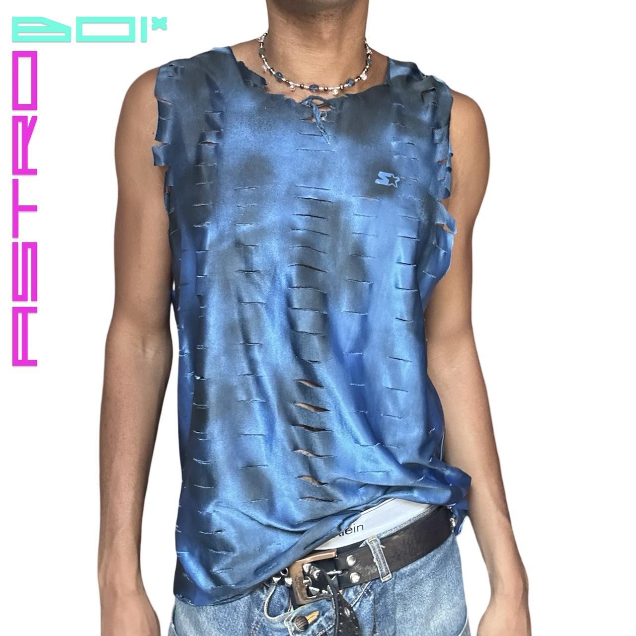 ASTROBOI* STARTER BLUE RIPPED GRUMGE JERSEY MUSCLE SHIRT_ MEDIUM