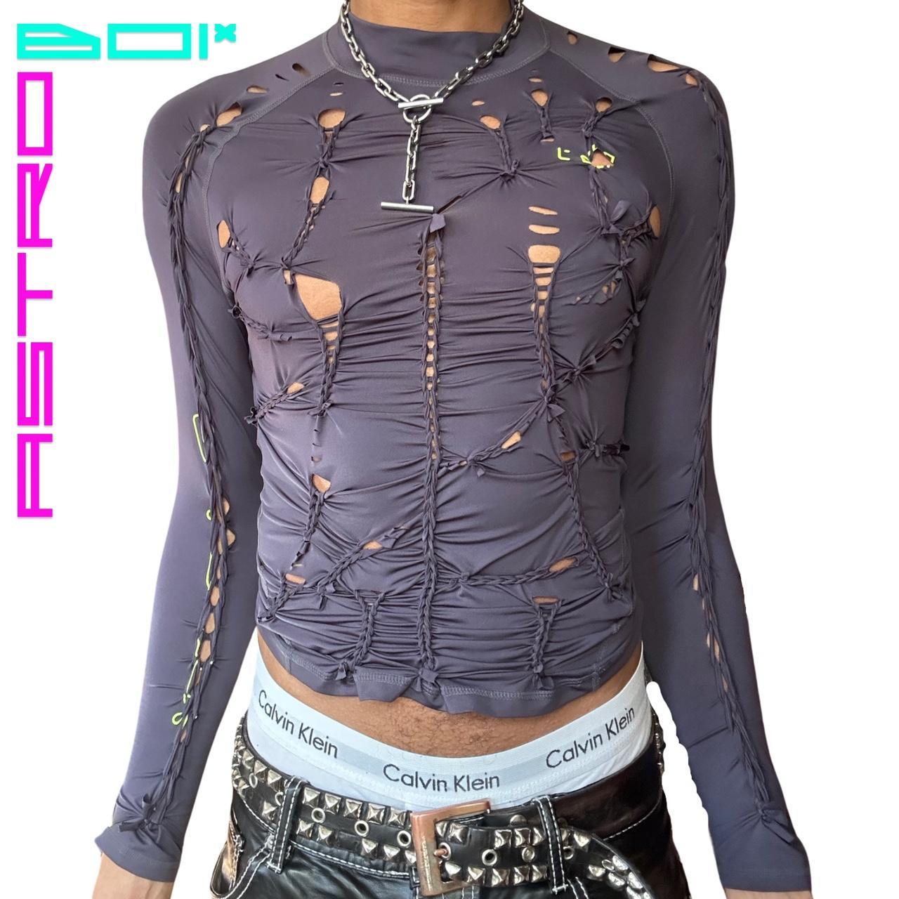 ASTROBOI* CUSTOMIZED GREY BRAIDED LYCRA MOCK NECK TOP