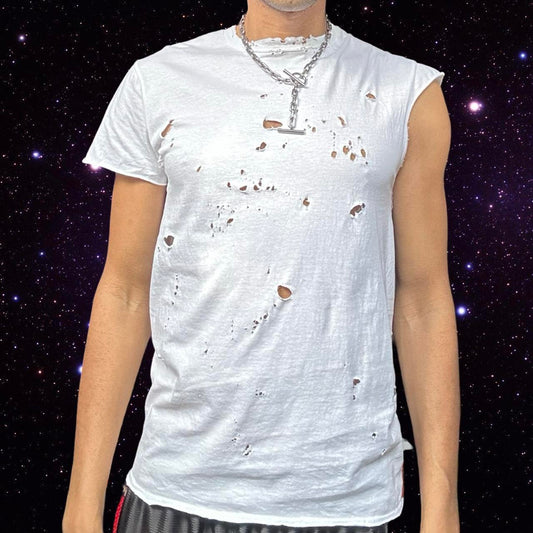 ASTROBOI* x Gildan Perfect White Ripped Grunge Hybrid T-shirt Tank - front 