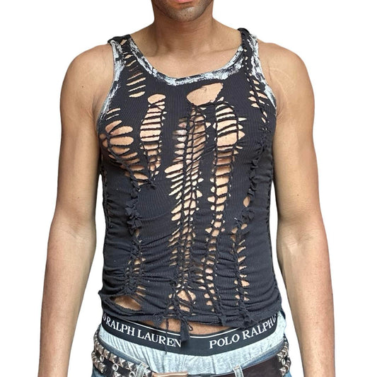ASTROBOI* 'Zinc' Silver Foiled Black Braided Twist Tank Top – front 