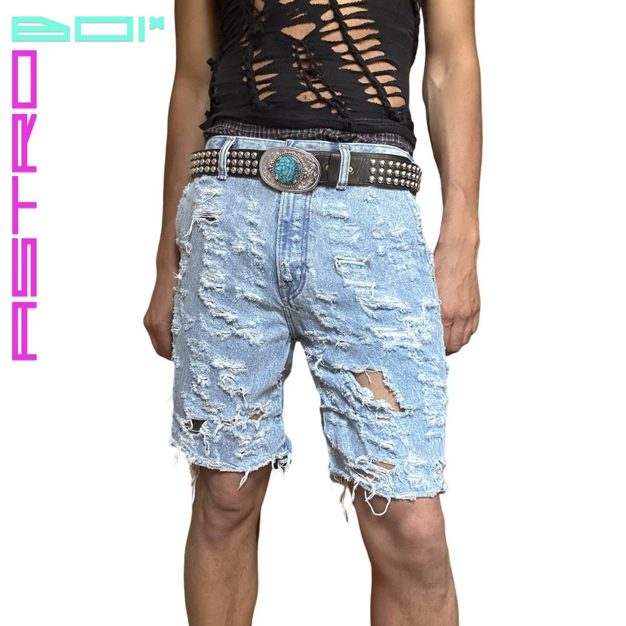 ASTROBOI* CUSTOMIZED ABERCROMBIE & FITCH PALE BLUE GRUNGE RIPPED SHORTS_ 32"