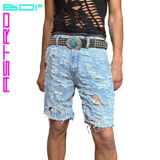 ASTROBOI* CUSTOMIZED ABERCROMBIE & FITCH PALE BLUE GRUNGE RIPPED SHORTS_ 32"