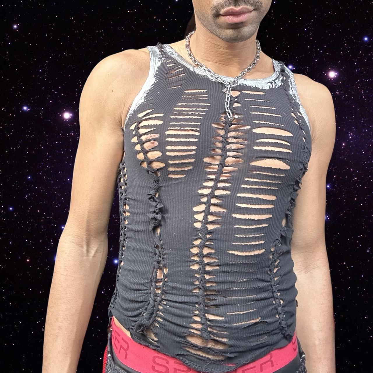 ASTROBOI* 'Zinc' Silver Foiled Black Braided Tank - front