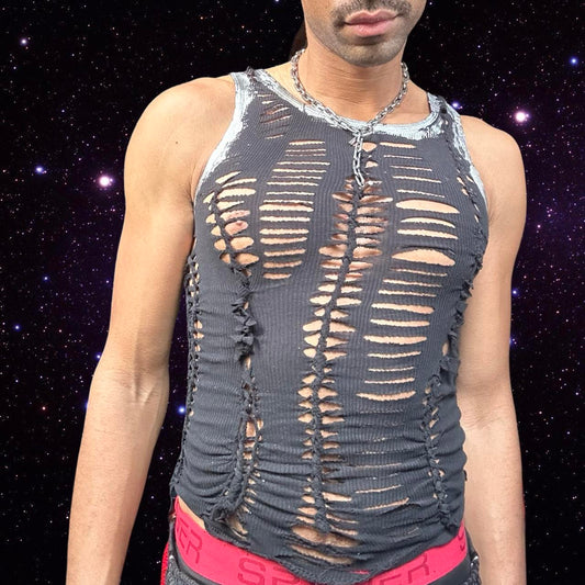 ASTROBOI* 'Zinc' Silver Foiled Black Braided Tank - front