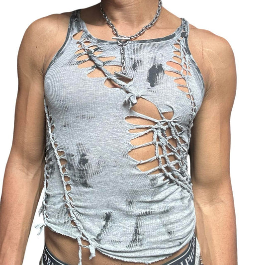 ASTROBOI* 'Hybrid' Gray and Black Painted Twist Braided Tank Top - front 