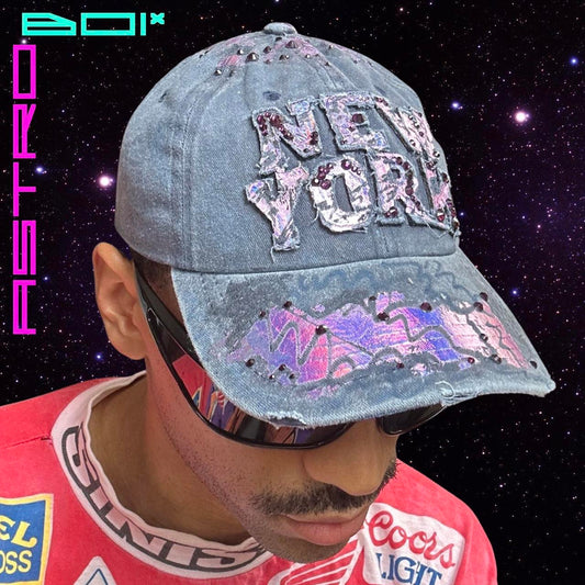 ASTROBOI* 'LAVENDER TRIP' DISTRESSED NEW YORK HOLOGRAPHIC NAVY CAP