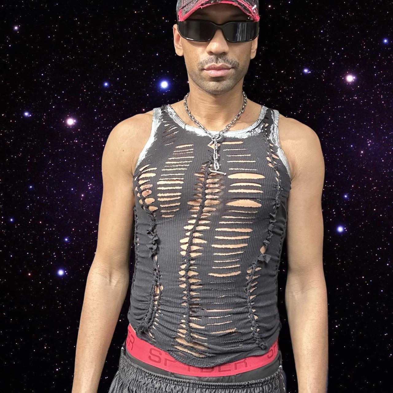 ASTROBOI* 'Zinc' Silver Foiled Black Braided Tank - overview