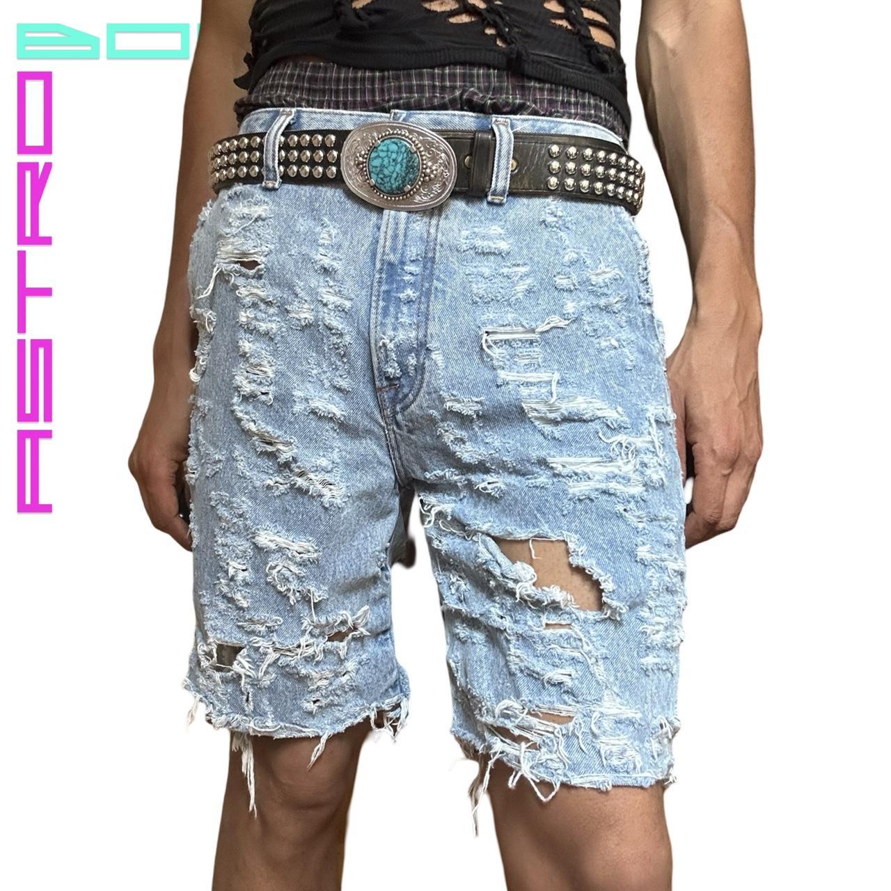 ASTROBOI* CUSTOMIZED ABERCROMBIE & FITCH PALE BLUE GRUNGE RIPPED SHORTS_ 32"