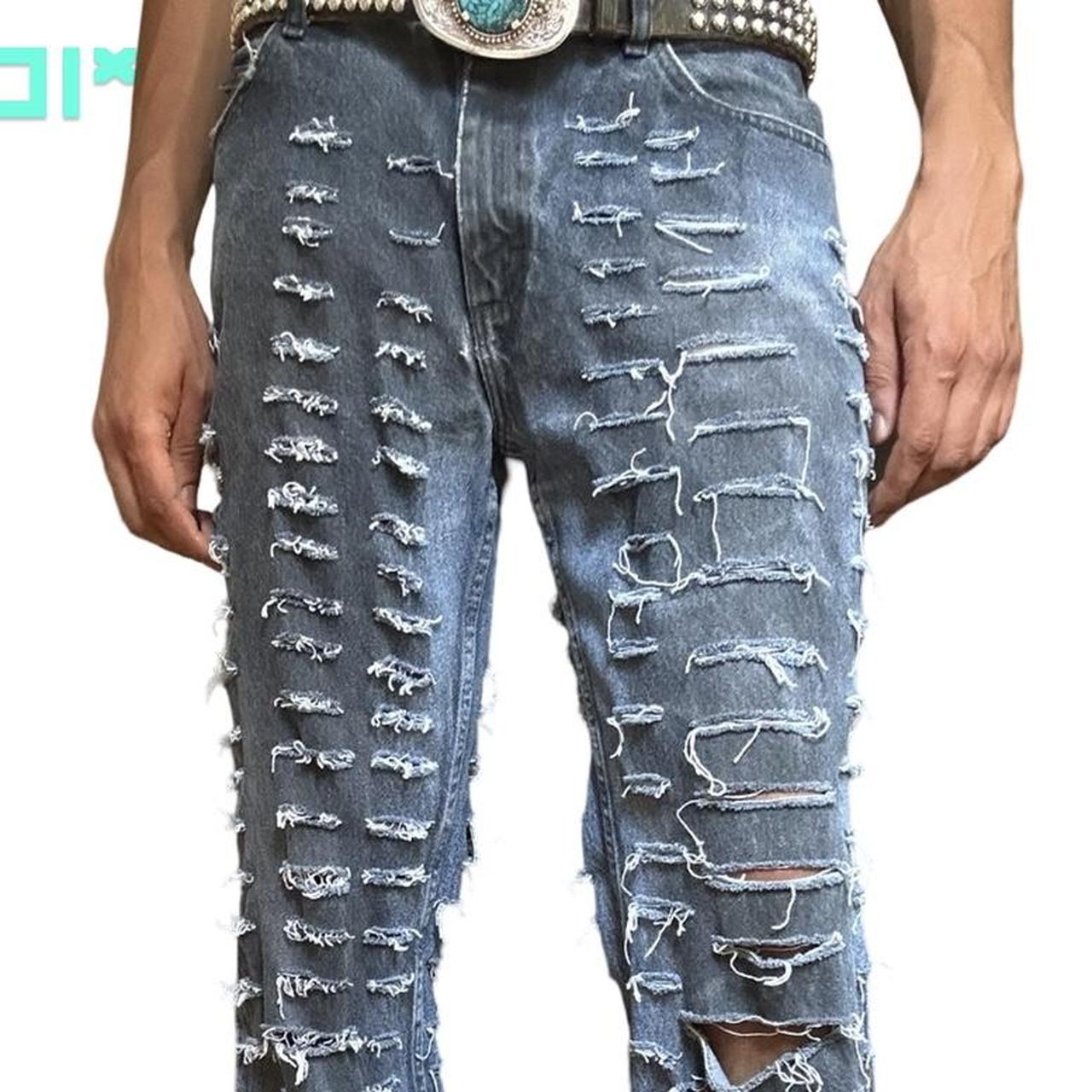 ASTROBOI* LEE TIERED SLASHED MID BLUE JEANS _ 32"