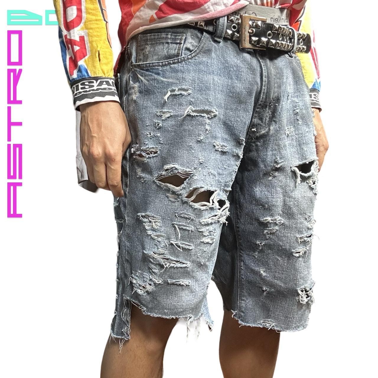 ASTROBOI* RIPPED BLACK & BLUE DENIM SHORTS - 36" WAIST