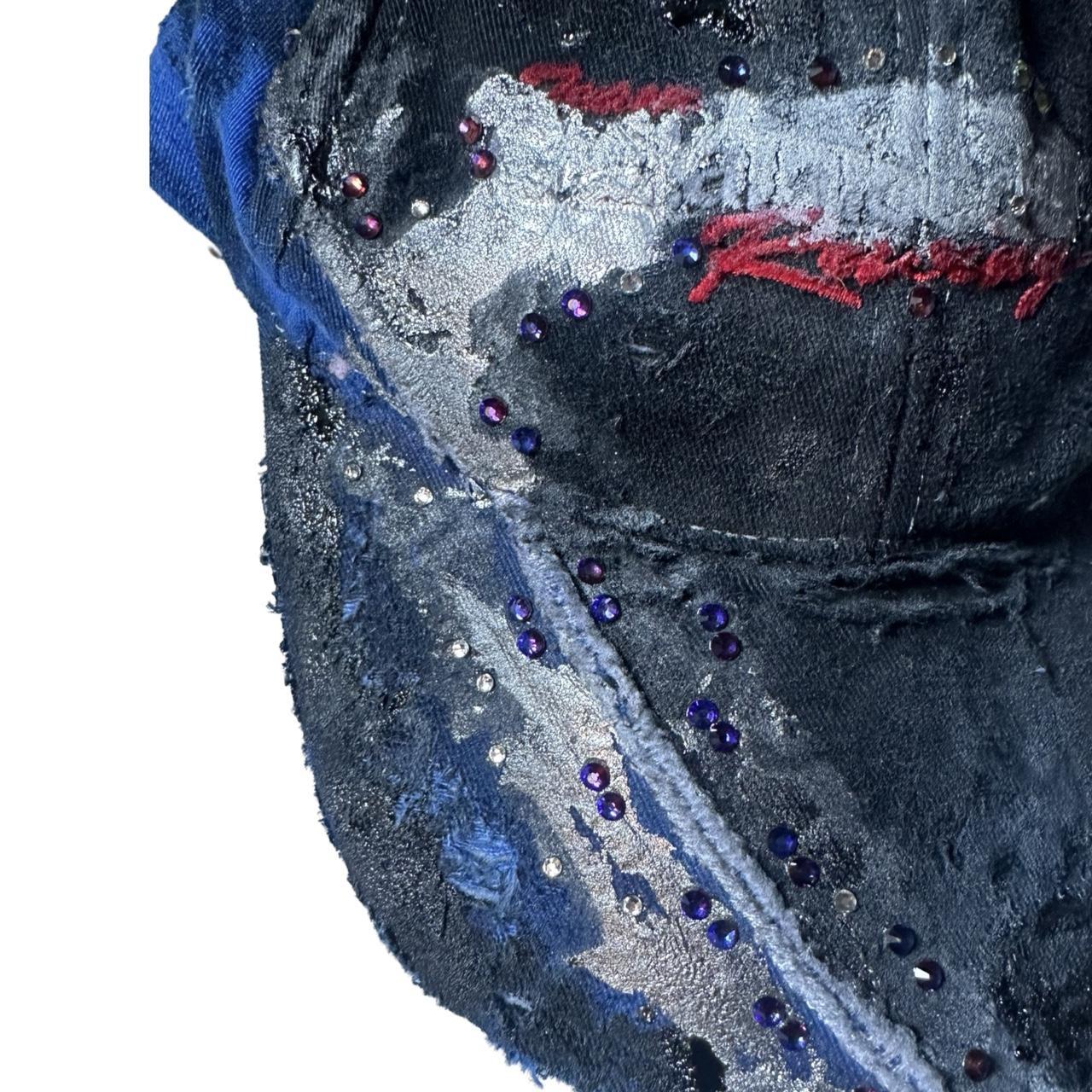 ASTROBOI* 'Racing' Black & Blue Distressed Rhinestone Hat  - flat detail 
