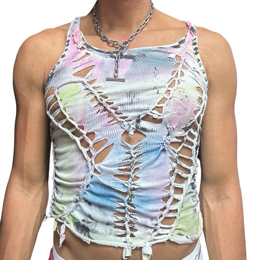 ASTROBOI* x Calvin Klein 'Technicolor' White Braided Rainbow Painted Twist Tank Top – close up 