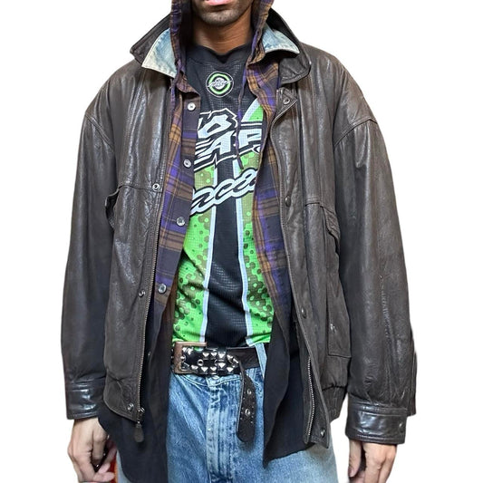 Vintage Canton Ridge Retro Brown Leather Bomber Jacket, front open