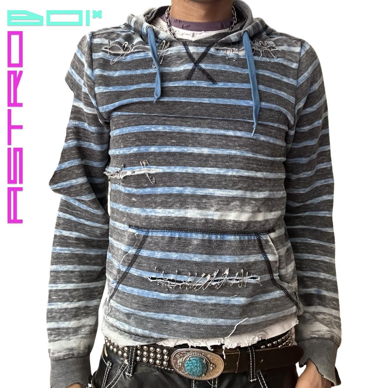 ASTROBOI* BLUE FADED STRIPE CUT OUT PUNK SUMMER HOODIE WITH SAFETY PINS