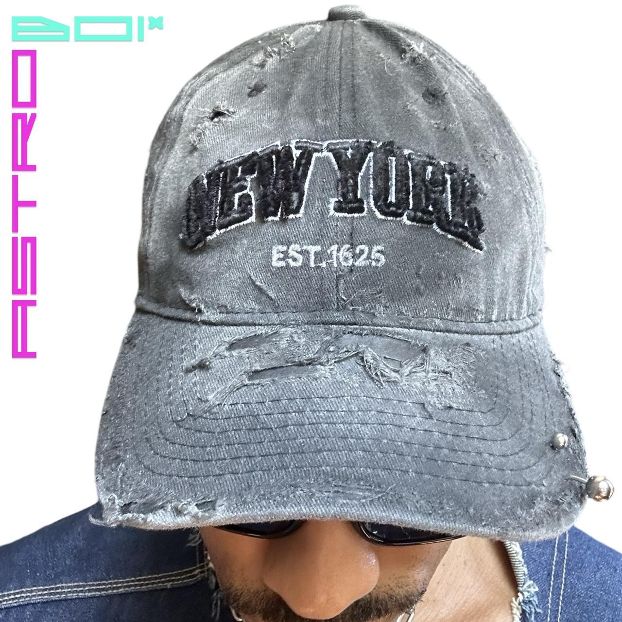 ASTROBOI* NEW YORK STONE WASHED FADED PIERCED BLACK HAT