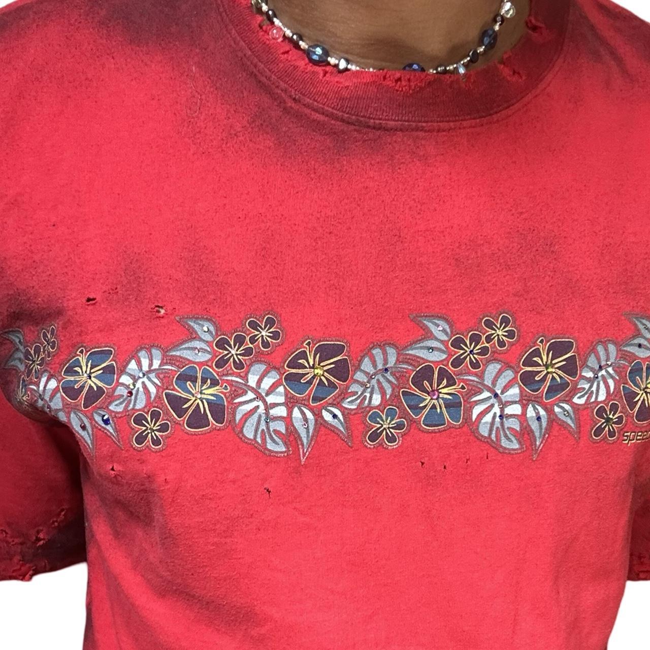 ASTROBOI* SPEEDO RED RHINESTONE HIBISCUS GRUNGE T-SHIRT _ XL