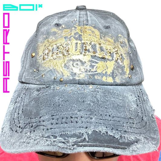 ASTROBOI* BROOKLYN DISTRESSED GOLD BRICK RHINESTONE BLACK HAT