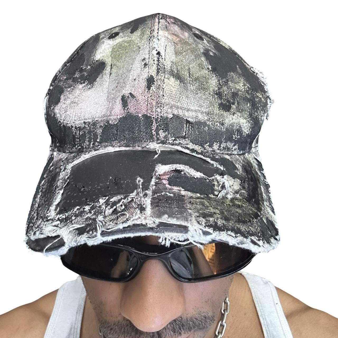 ASTROBOI* Y2K Trompe L'oeil Distressed White & Black Denim Streetwear Hat - front 2