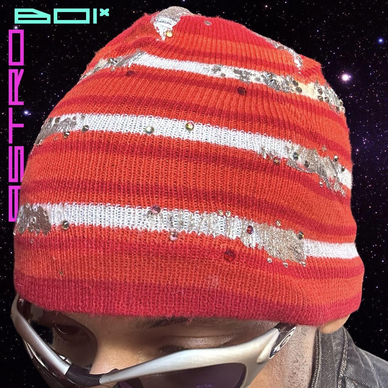 ASTROBOI* 'SOLAR' ORANGE STRIPED RHINESTONE BEANIE