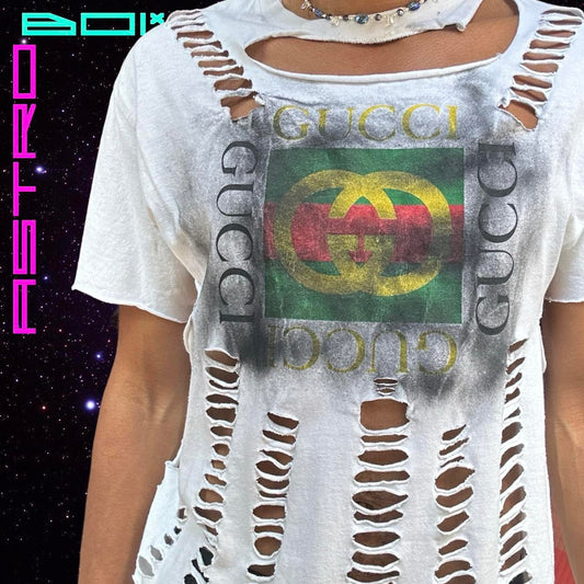 ASTROBOI* "RASTAFARIAN LUXURY" MEN'S WHITE PUNK AIRBRUSHED CUT OUT T-SHIRT _ LARGE