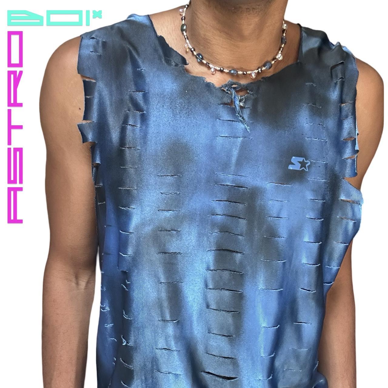 ASTROBOI* STARTER BLUE RIPPED GRUMGE JERSEY MUSCLE SHIRT_ MEDIUM