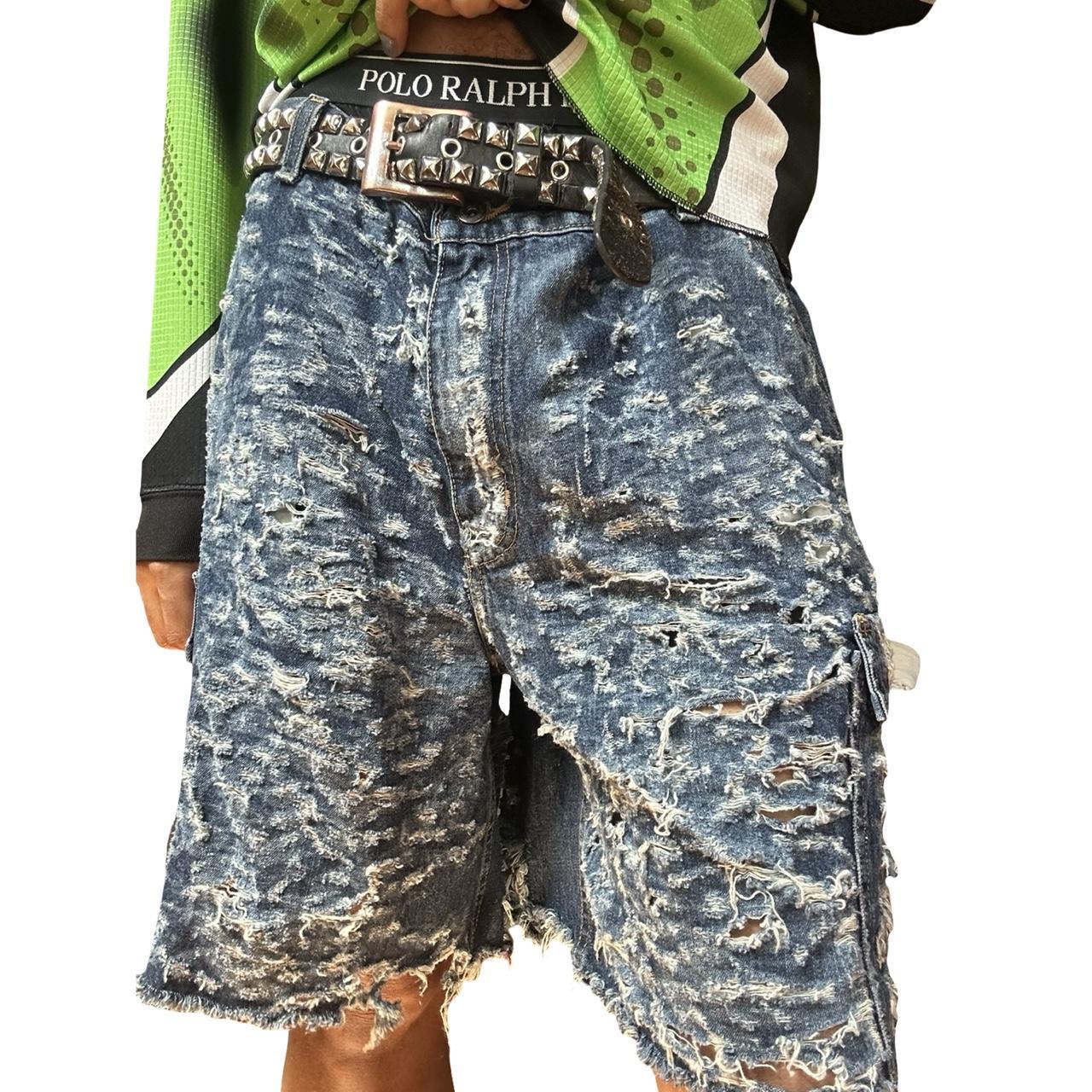 ASTROBOI* Blue Ripped Denim Baggy Cargo Shorts - front 2