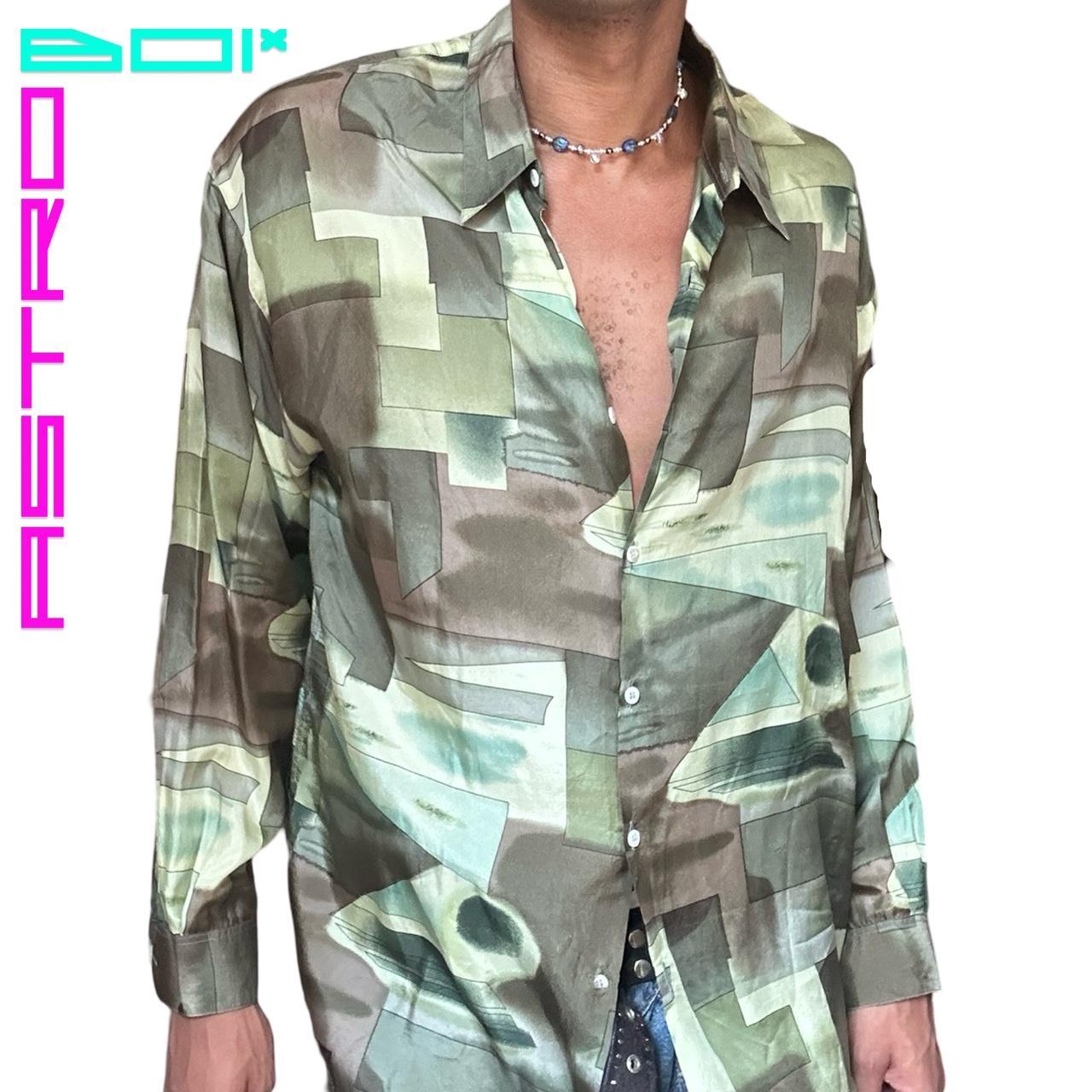 LE GARAGE GREEN WATER COLOR ART MOTIF SILK BUTTON UP SHIRT_ XL