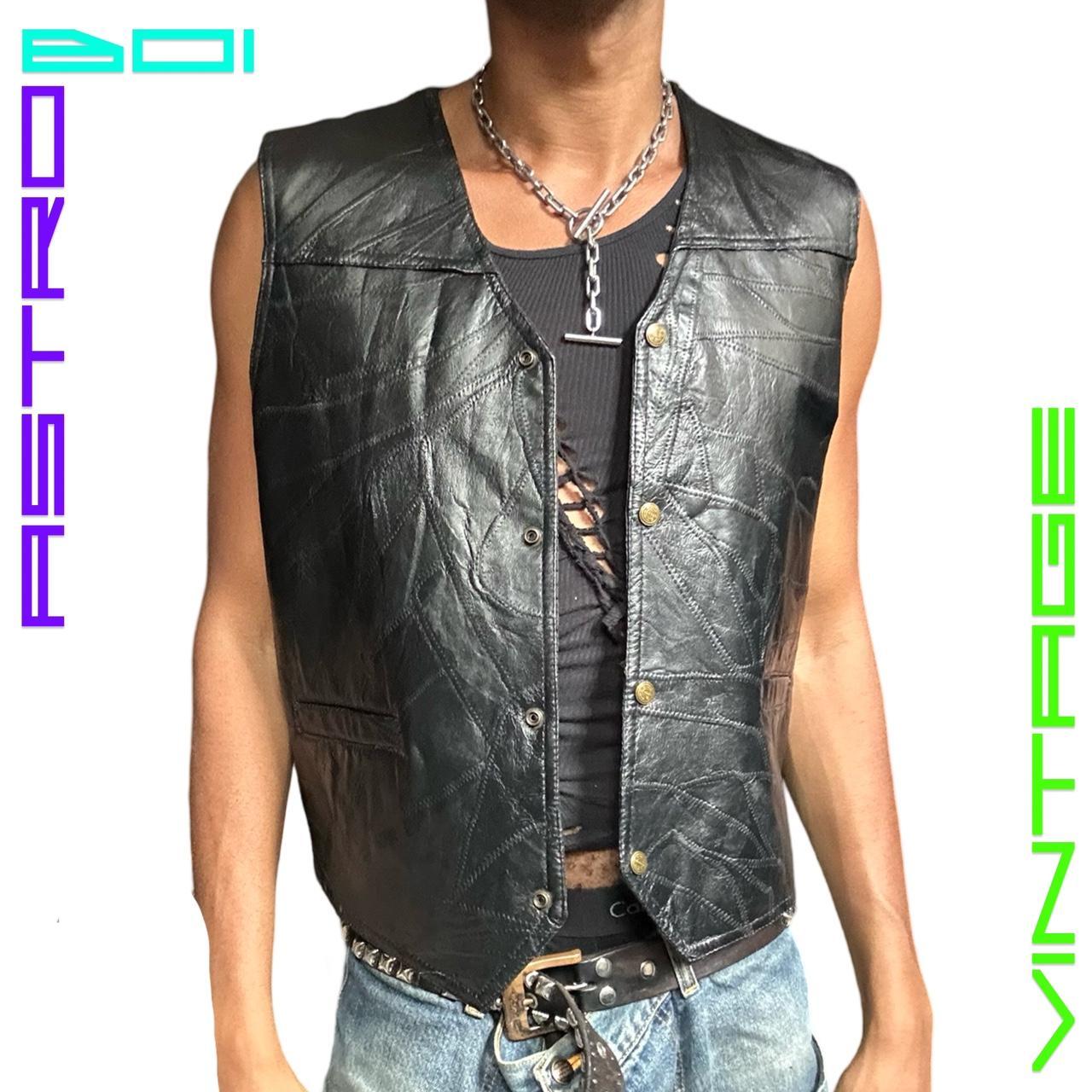 VINTAGE PATCHWORK BLACK LEATHER BIKER VEST_ XL