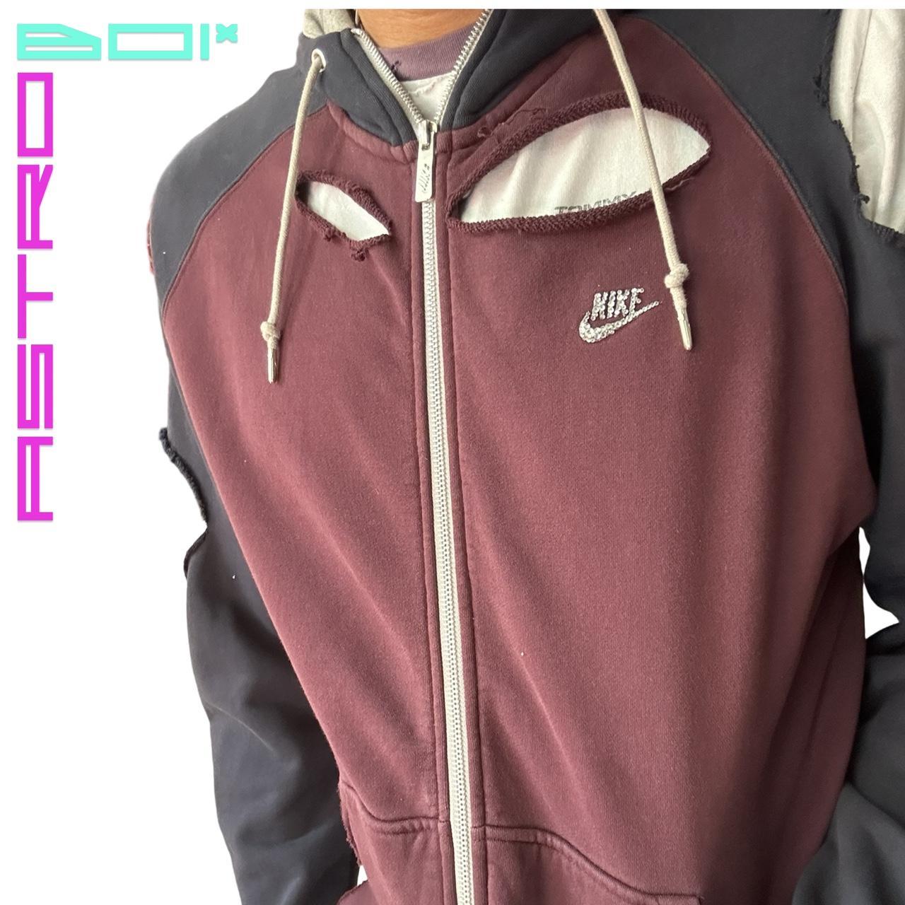 ASTROBOI* NIKE MAROON COTTON DECONSTRUCTED ZIP UP HOODIE WITH RHINESTONE LOGO _ XL