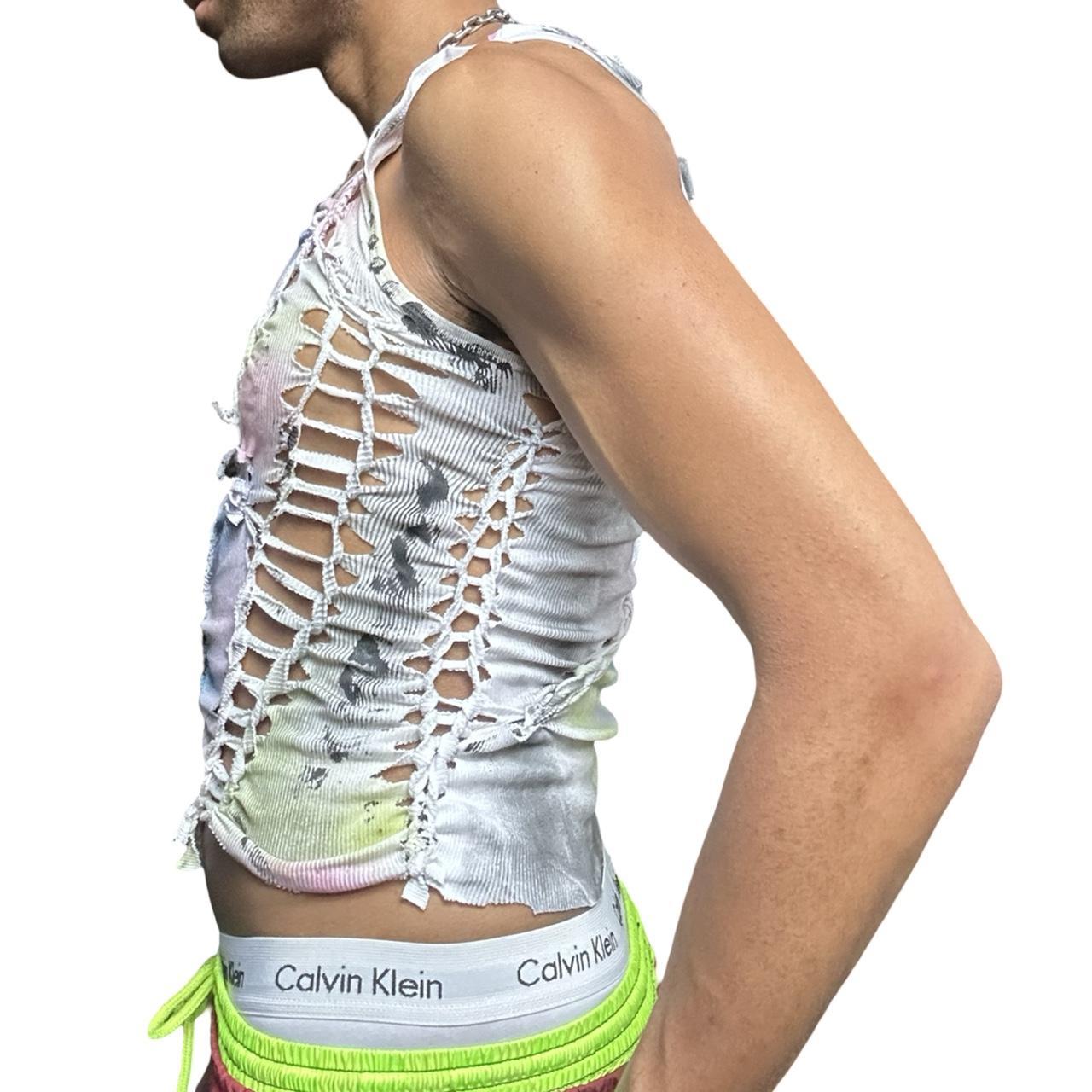 ASTROBOI* x Calvin Klein 'Technicolor' White Braided Rainbow Painted Twist Tank Top – left 