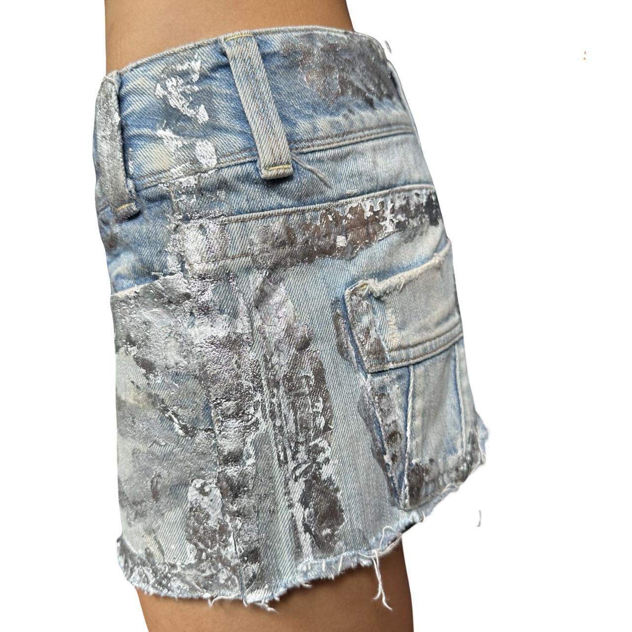 ASTROBOI* Y2K Silver Foiled Blue Denim Mini Skirt - left 