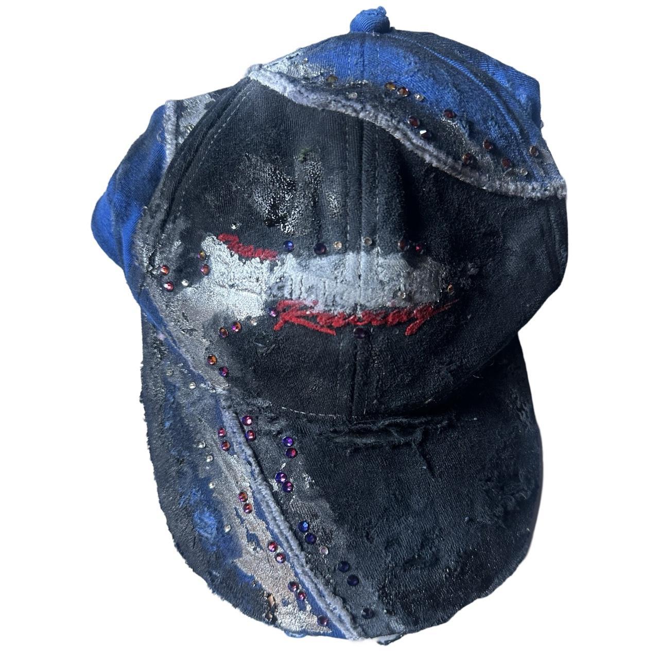 ASTROBOI* 'Racing' Black & Blue Distressed Rhinestone Hat  - flat front 