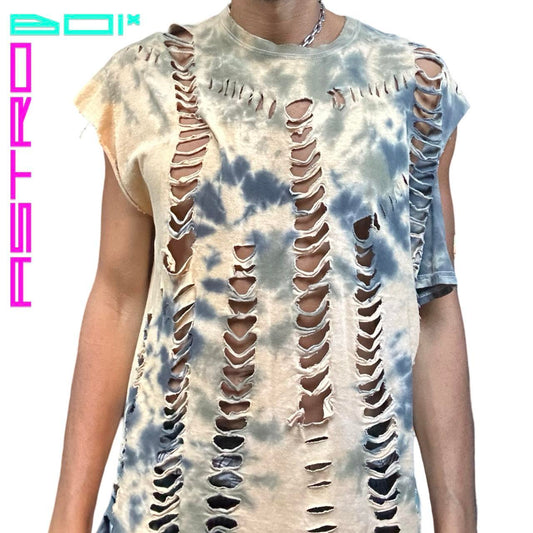 ASTROBOI* BEIGE + BLUE TYE DYE GRUNGE TANK TOP SIZE XL