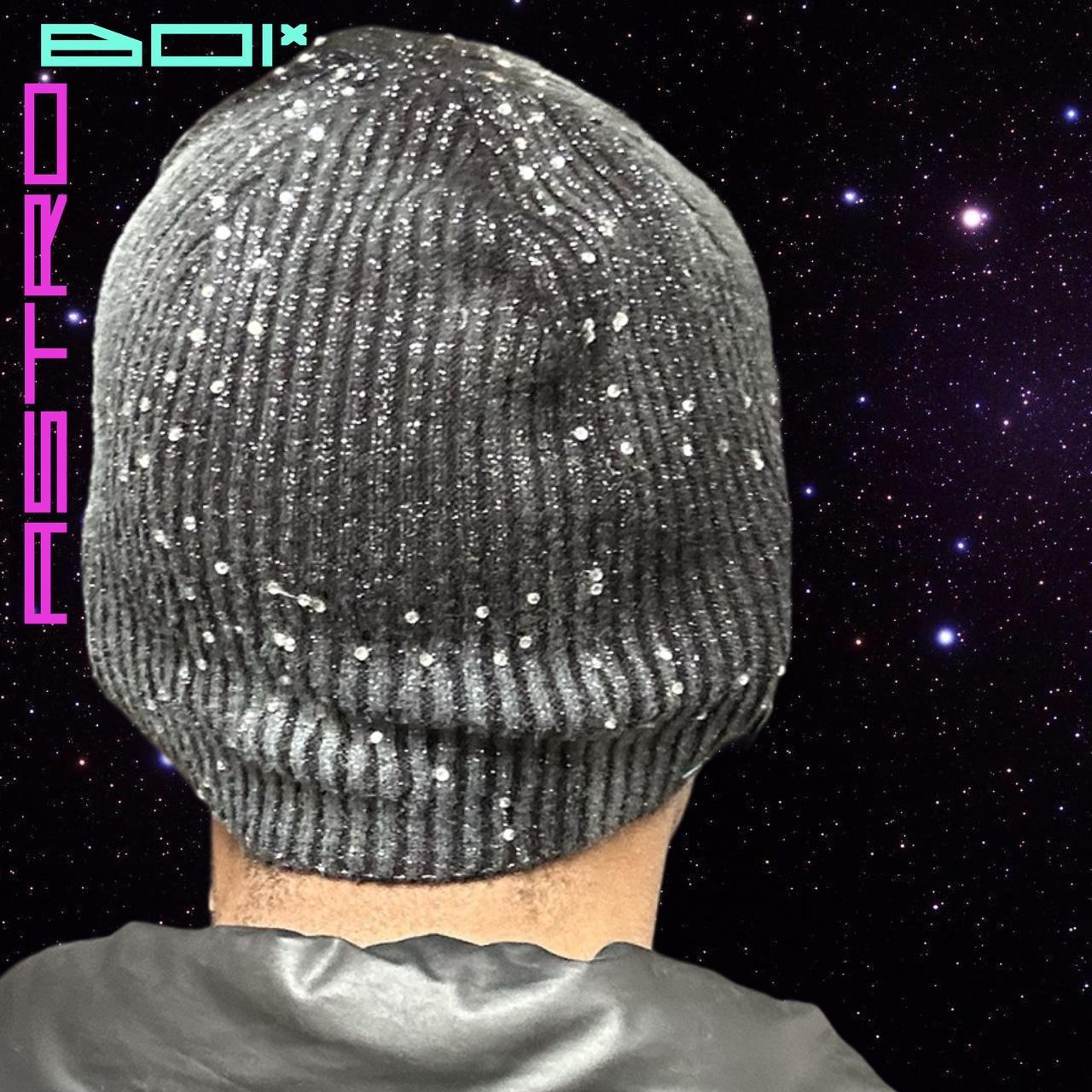 ASTROBOI* 'MIDNIGHT SKY ' BLACK AIRBRUSHED BEANIE WITH SILVER RHINESTONES