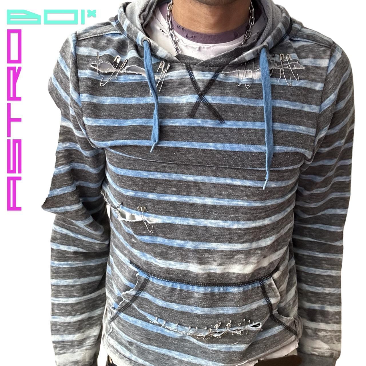 ASTROBOI* BLUE FADED STRIPE CUT OUT PUNK SUMMER HOODIE WITH SAFETY PINS