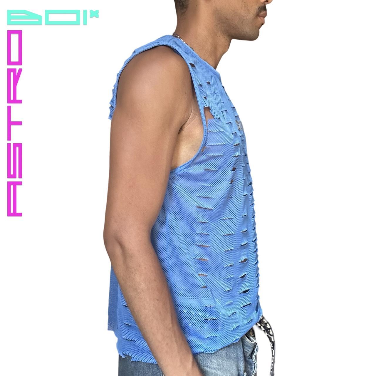 ASTROBOI* STARTER RHINESTONE SLASHED LIGHT BLUE MESH TANK TOP_ MEDIUM