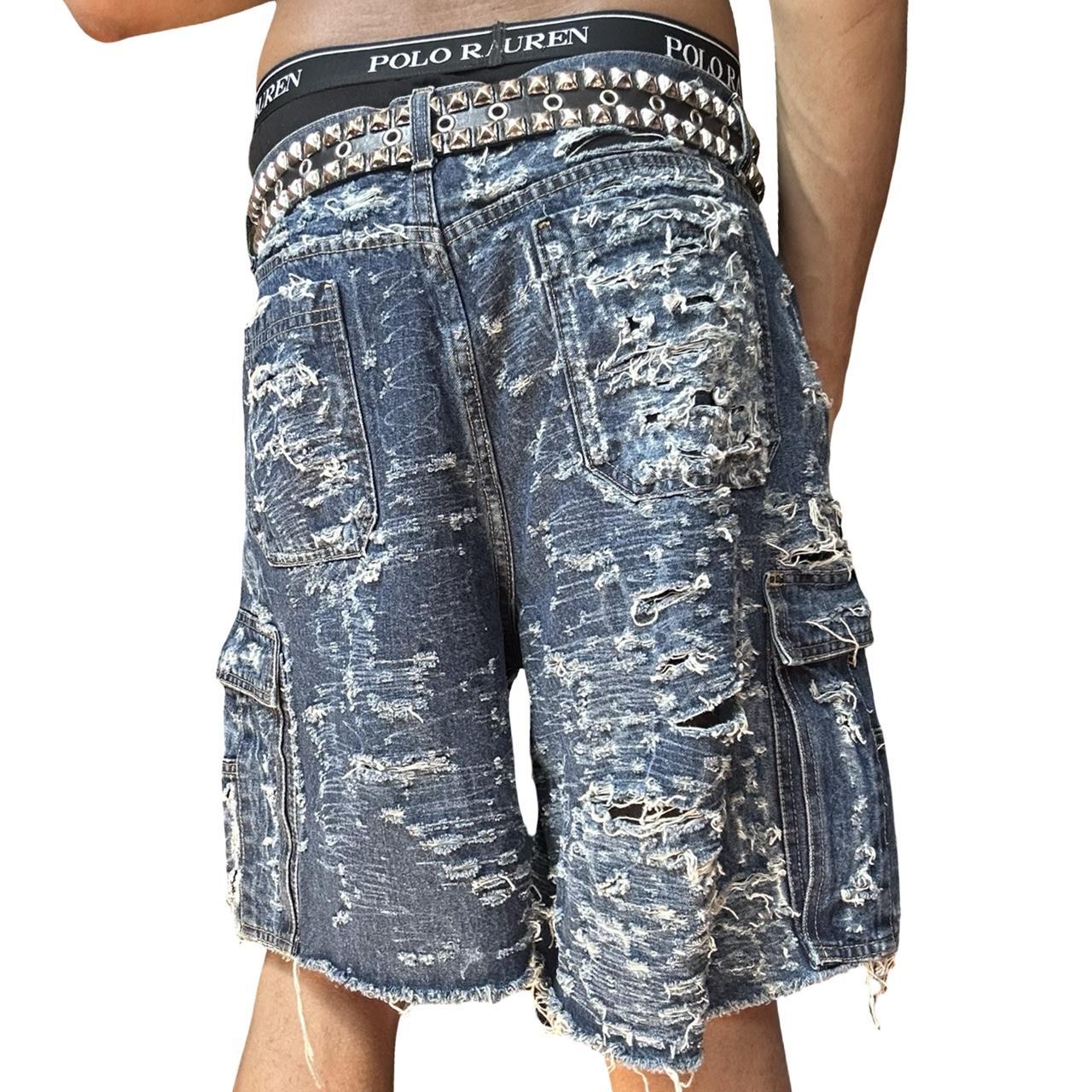 ASTROBOI* Blue Ripped Denim Baggy Cargo Shorts - back 