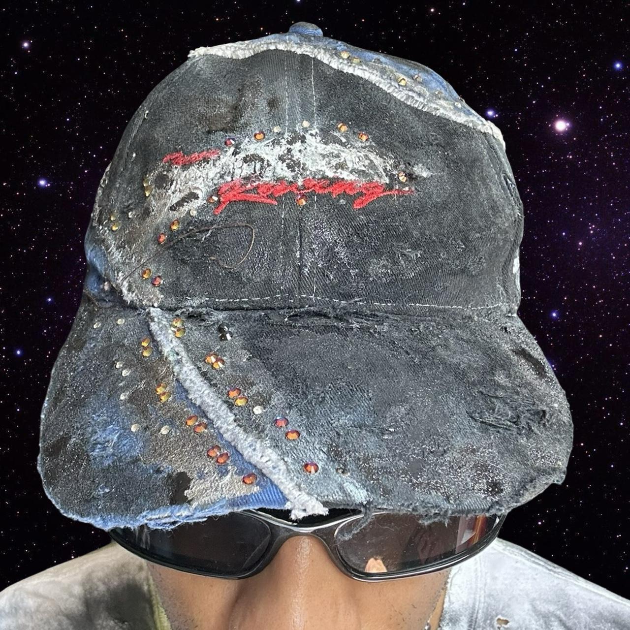 ASTROBOI* 'Racing' Black & Blue Distressed Rhinestone Hat - front 