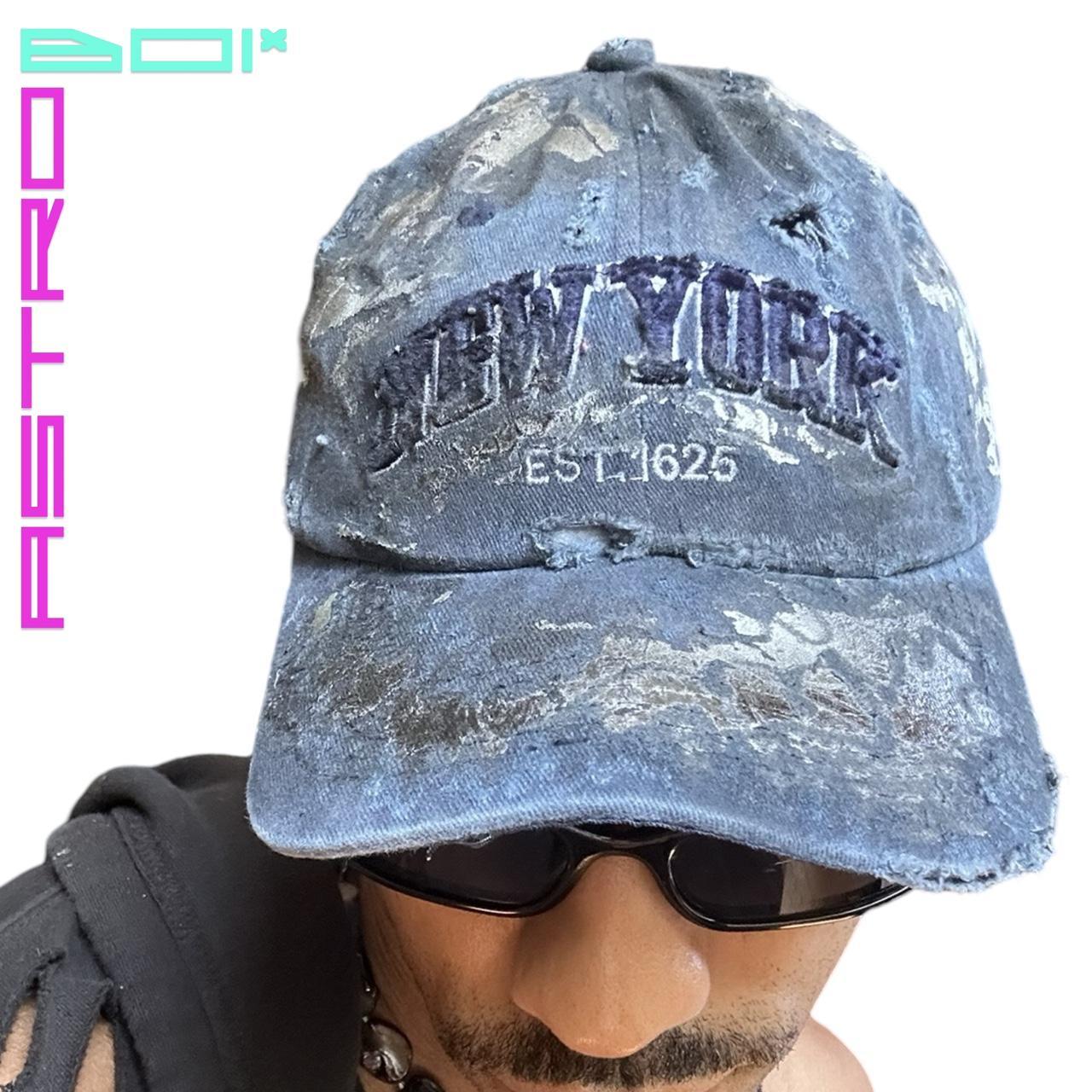 ASTROBOI* NEW YORK 'ZYPHER' DISTRESSED AIRBRUSHED BLUE HAT WITH AIRBRUSHING