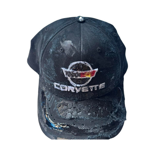 ASTROBOI* x Corvette Black Distressed Streetwear Hat - flat front 