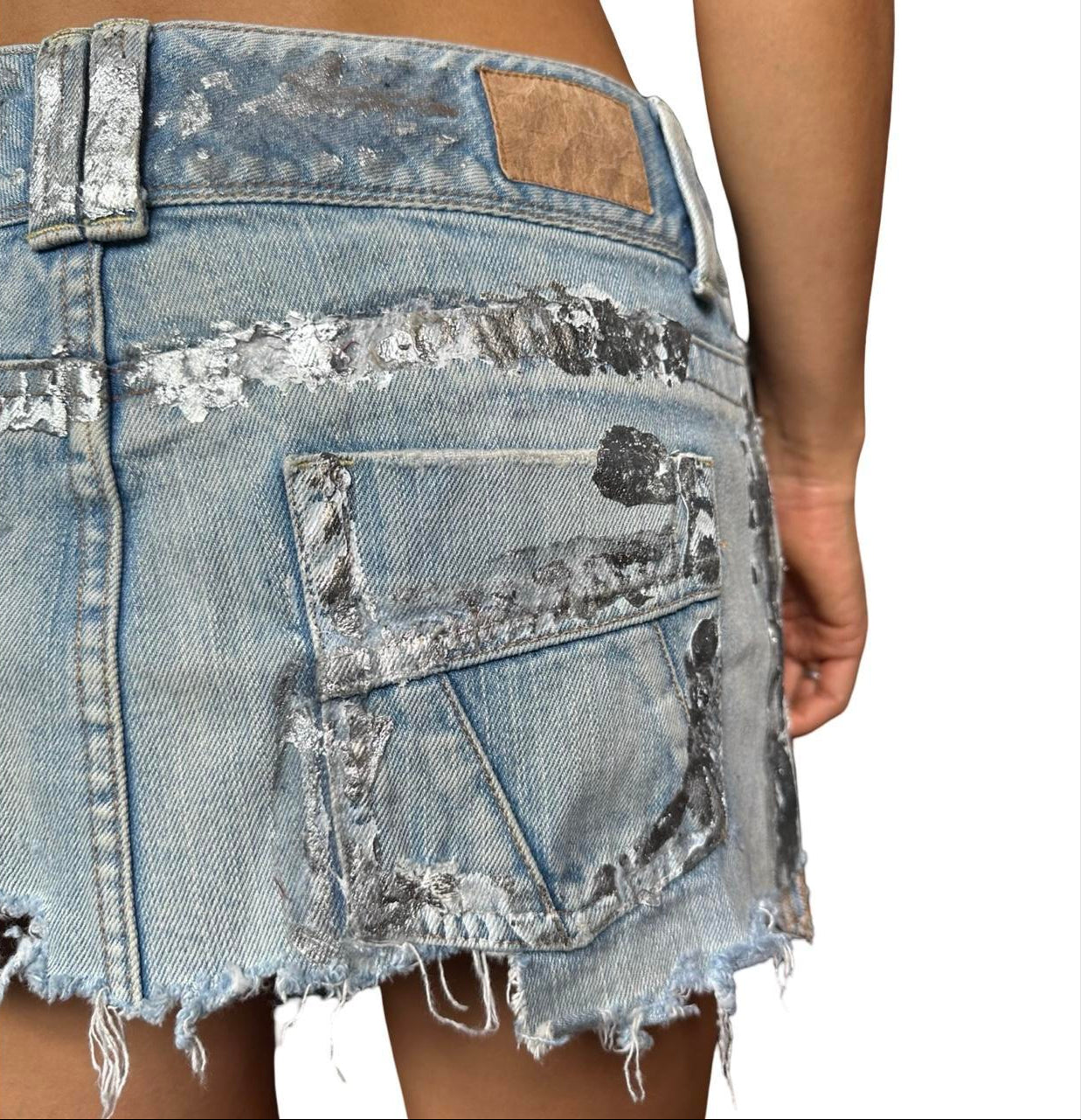 ASTROBOI* Y2K Silver Foiled Blue Denim Mini Skirt - back detail 