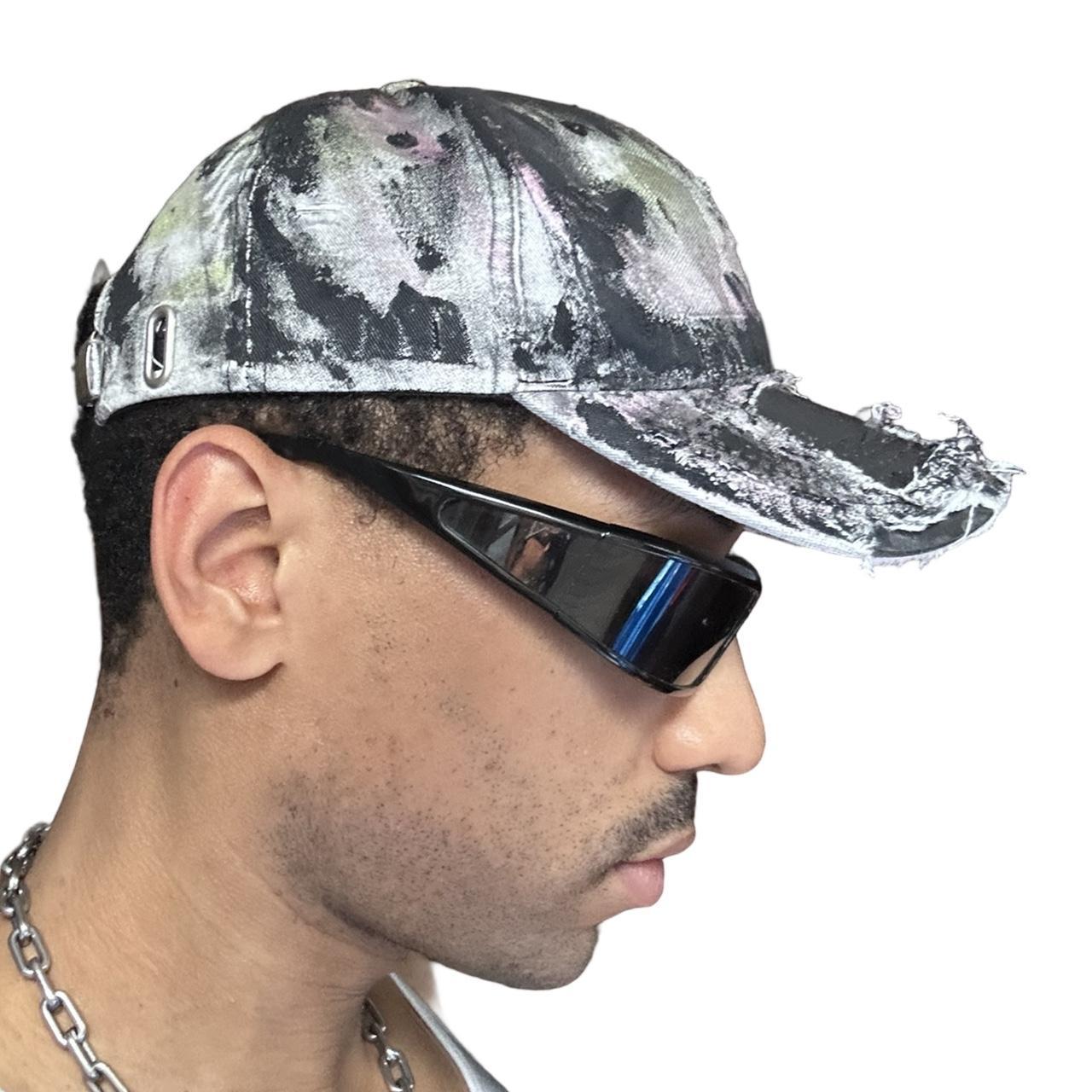 ASTROBOI* Y2K Trompe L'oeil Distressed White & Black Denim Streetwear Hat - right
 